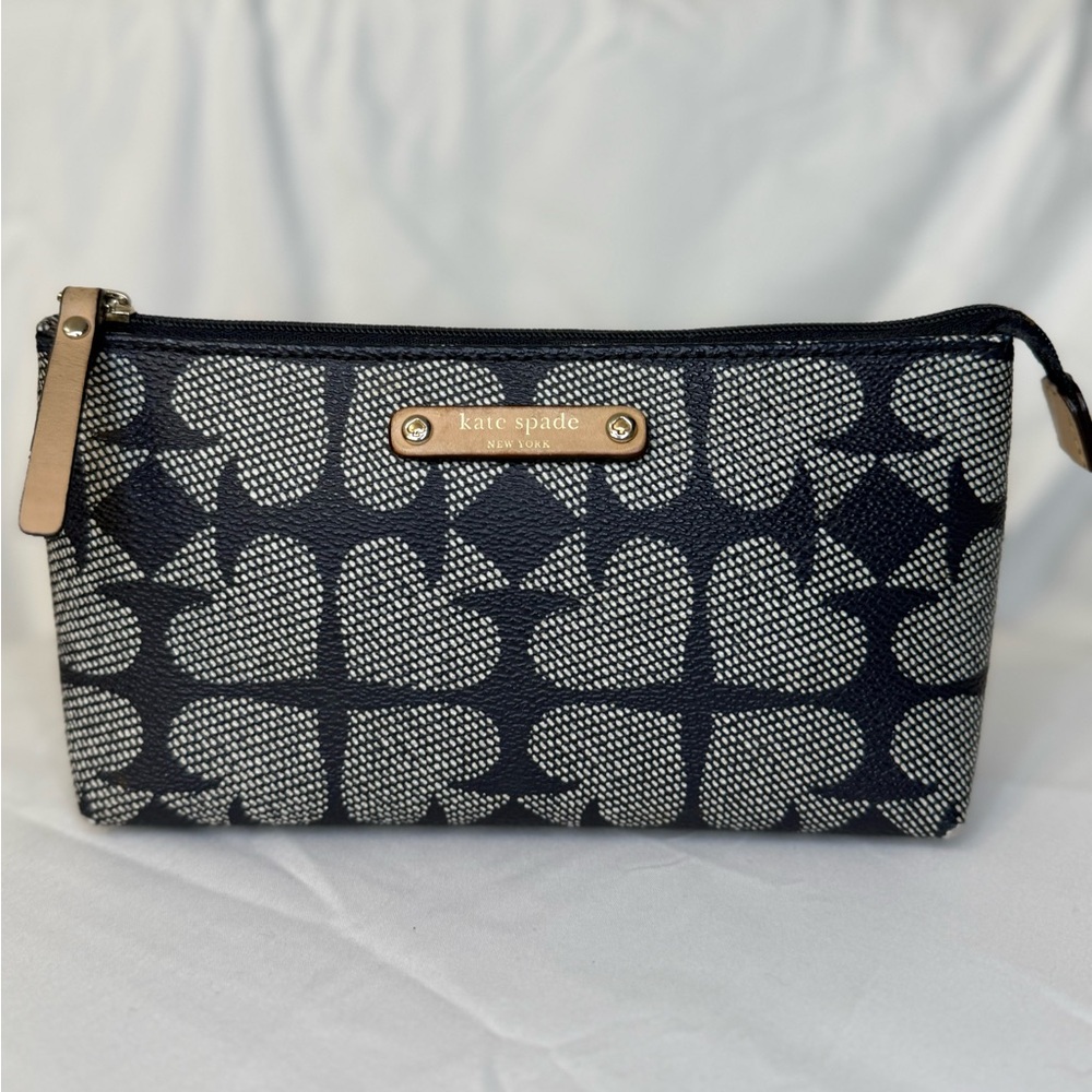 Kate Spade New York Heart Jacquard Navy Cosmetic Bag Pouch Red Lining Tan Pull
